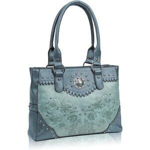 Women's Blue Pu Leather Large Western Top Handle Vintage Embossed Shoulder Bag